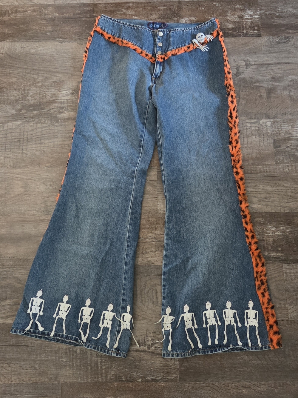 Handmade Women's Halloween Costume Jeans With Skeletons Flare Leg Size 11/12 - Picture 2 of 10